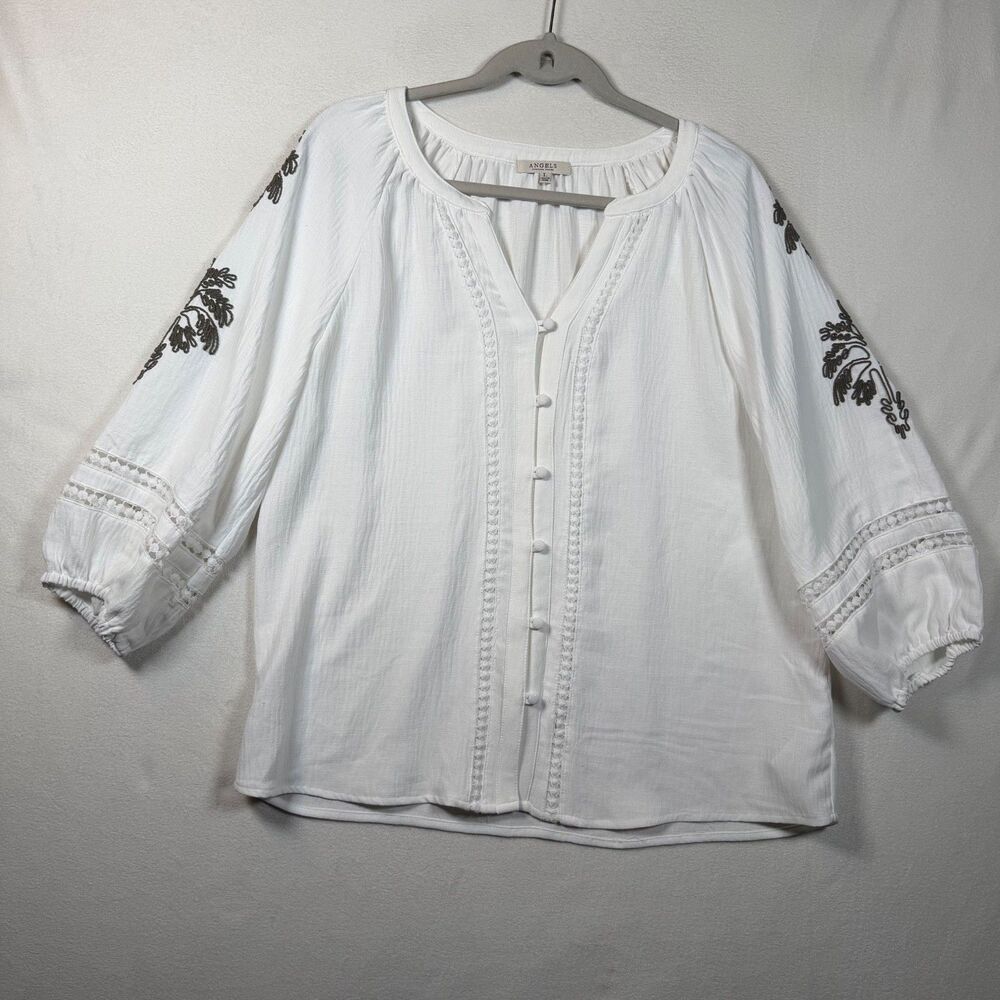 Angels Forever Young Boho Peasant Top White Applique Sleeve Gauze Blouse L